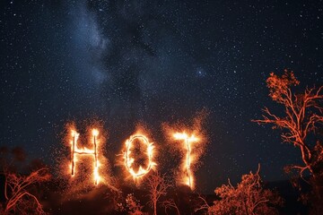 The Word Hot written with fire in the night sky. - obrazy, fototapety, plakaty