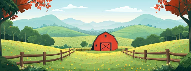 Gardinen Rural landscape with a farm on field. Beautiful nature with sunny green hills, red old barn and blue sky. Country background for card, banner, poster © ratatosk