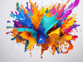 Vibrant splashes of paint adorn the white background in 3D rendering.