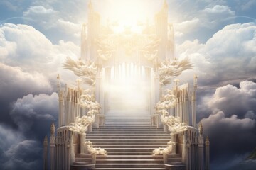 Glorious ornate pearly gates of heaven with stunning bright light shining from within, symbolizing hope, peace, and eternal beauty - obrazy, fototapety, plakaty