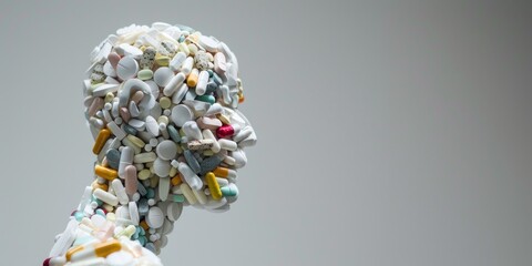 Pills arranged in the shape of a human head on a light background. 3D Render Isolated. Pharmaceutical concept for healthcare or medical publications.