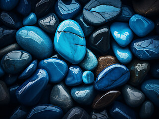 Decorative blue stones contrast against dark backdrop.