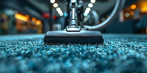 Closeup of blue carpet being vacuumed showcasing a clean home solution. Concept Cleaning, Home Maintenance, Blue Carpet, Closeup, Vacuuming - obrazy, fototapety, plakaty