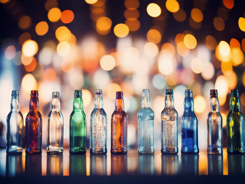 Abstract background with defocused bar bottles creating bokeh effect.