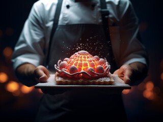 A chef showcases a dessert amid soft, blurred lights in a digital fusion. - Powered by Adobe