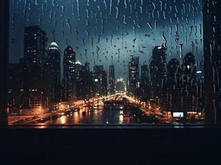 Raindrops on a windowpane blur the city lights behind them. - obrazy, fototapety, plakaty
