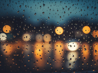 Nighttime scene: raindrops on window against streetlight backdrop.