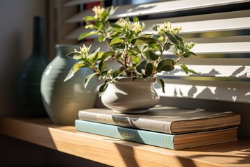 A potted plant sits on a windowsill, surrounded by two books.