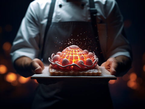 A chef showcases a dessert amid soft, blurred lights in a digital fusion.