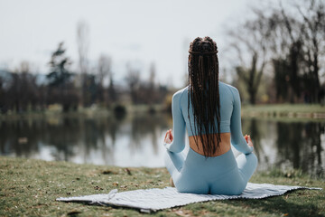 A woman sits cross-legged in a yoga pose facing a tranquil lake, surrounded by the serenity of a...