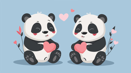 Cute couple pandas with hearts flat cartoon vactor