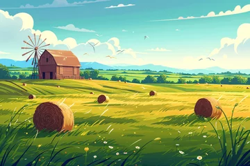 Poster Rural autumn landscape with a farm on field. Beautiful nature with sunny green hills, red old barn and blue sky. Country background for card, banner, poster © ratatosk