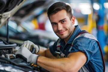 Experienced and skilled auto mechanic in his thirties repairing a car engine in a well-equipped automotive repair shop