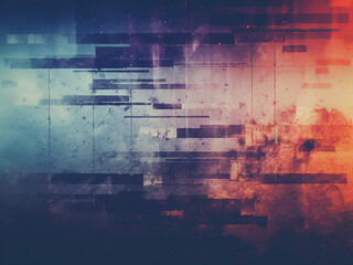 Abstract background with glitch overlay, featuring purple, orange, and blue artifacts. - obrazy, fototapety, plakaty