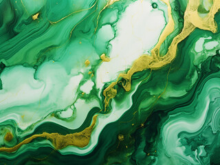 Fototapeta premium Original artwork portrays green and gold marble ink textures on high-quality paper.