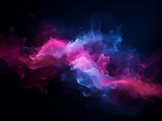 Pink and blue particles swirl with energy on black.