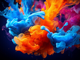 Blue, black, and white colors meld in liquid art.