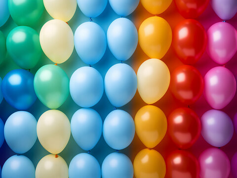 Colorful balloons arranged in close-up form a line.