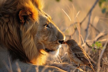 A male lion taking care of a little bird.