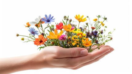 Fototapeta premium Bright wildflowers in a woman's hand, crafting a message of love and nature, isolated on white