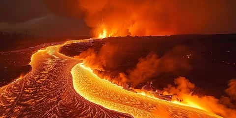 Papier Peint photo autocollant Rouge violet A river of fire: Molten lava carving its path through the landscape, an unstoppable force of nature