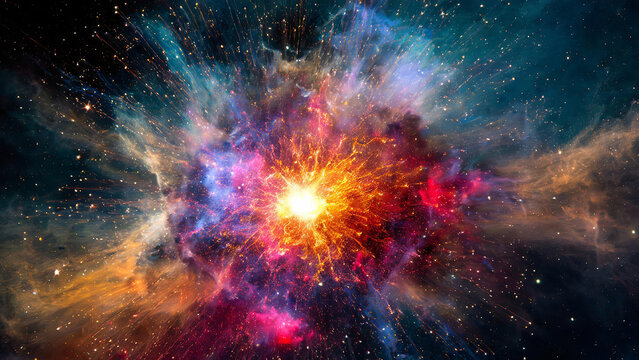 Colorful explosion of light and dark clouds powder creates bright hues against sky background