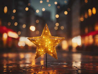 Vintage city backdrop blurs lights with Christmas star shapes.
