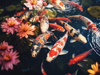 Koi fish in pond flaunt vintage filter for natural, faded colors.