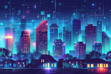 Futuristic Digital Community with Smart Homes and IoT Technology, Night Cityscape Illustration with Data Transactions, Concept Art