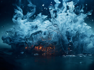 Creative backdrop features water and smoke elements with droplets.