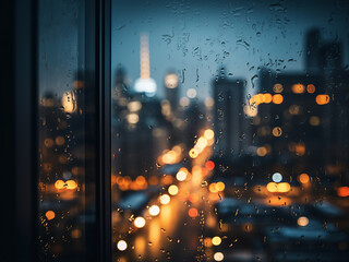 Bokeh effect blurs city lights through window backdrop.