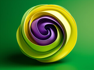 Yellow and green paper form elegant swirls against a purple background.