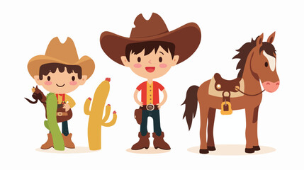 Cute kid cowboy horse and cactus on white backgroun