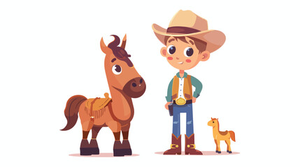 Cute kid cowboy with toy horse on white background.