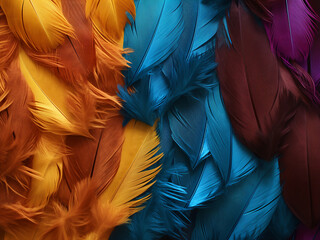 A multitude of feathers showcases a vivid spectrum. - obrazy, fototapety, plakaty