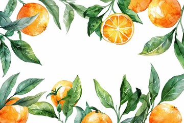 Fresh mandarin oranges and green leaves in watercolor frame, citrus fruit branch banner illustration