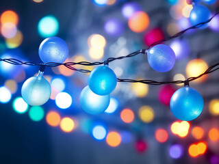 Festive garland, adorned with big colorful lights, creates a blurred backdrop.