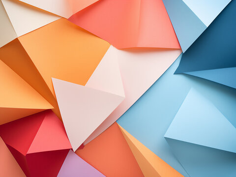 Geometric shapes on pastel-colored paper in abstract flat lay.