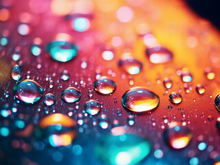Beautiful bokeh highlights close-up of multicolored water droplets. - obrazy, fototapety, plakaty