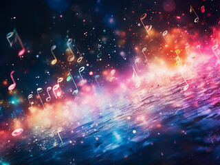 Colorful particles dance amidst connecting dots and lines in musical harmony. - obrazy, fototapety, plakaty