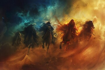 Four Horsemen of the Apocalypse, Book of Revelation, biblical prophecy, disease and death, mystical particles, digital fantasy painting