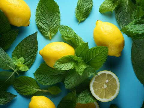 Fresh peppermint leaves and lemon slices on colorful background.