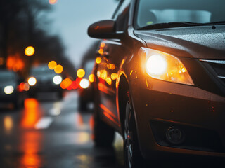 Fototapeta na wymiar Defocused car headlights and street lights in a twilight shot.