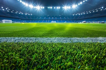 Football stadium arena under spotlight, green grass field ready for soccer championship match