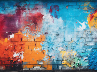 Abstract, colorful graffiti decorates an aged grunge wall.