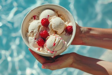A person is holding a bowl of ice cream with raspberries in it in a swimming pool