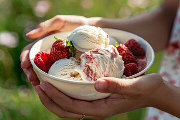 A person is holding a bowl of ice cream with raspberries in it - Powered by Adobe