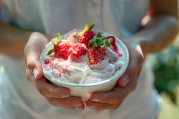 A person is holding a bowl of ice cream with raspberries in it