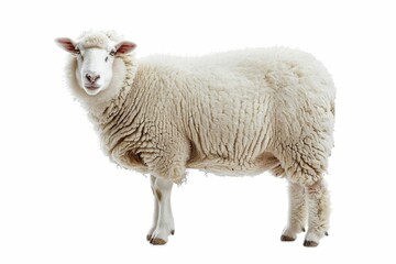 Fluffy white sheep standing alone on plain white background, isolated stock photo