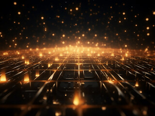 Sci-fi background features glowing particles forming grids.